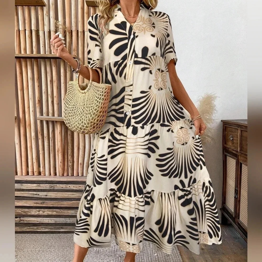 Holiday Floral Printed Notch V-Neck Short Sleeve Long Loose Casual Dress - Picture 1 of 4